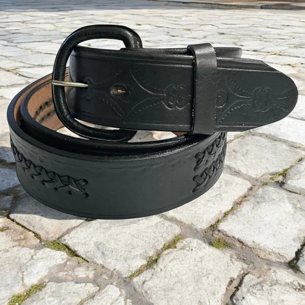 Vtg Mens Belt Black Leather 38 Handcrafted Mexico Cowboy Rodeo Western 1.5